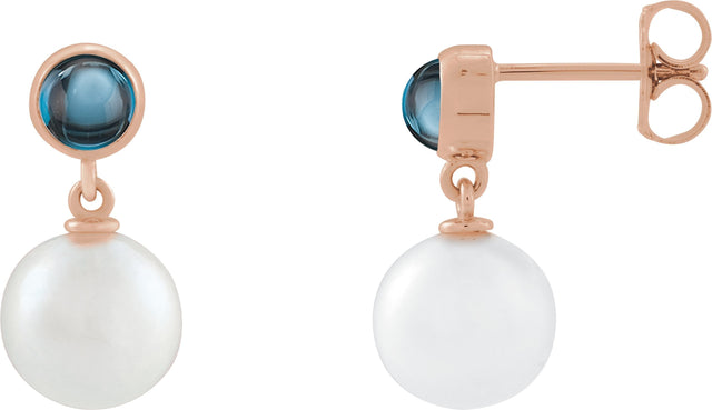 14K Gold Cultured White Freshwater Pearl & Natural London Blue Topaz Accented Pearl Earrings – 8mm Stones - Rose Gold