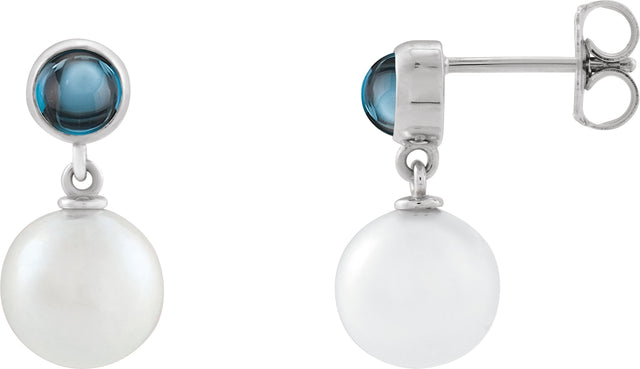 14K Gold Cultured White Freshwater Pearl & Natural London Blue Topaz Accented Pearl Earrings – 8mm Stones - White Gold