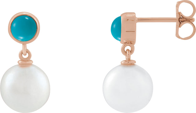 14K Gold Cultured White Freshwater Pearl & Natural Turquoise Accented Pearl Earrings - Rose Gold