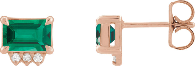 14K Gold Emerald Lab-Grown Emerald & Natural Diamond Accented Earrings - Rose Gold