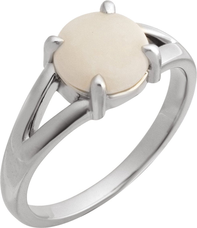 Platinum Round Natural White Opal Cabochon Ring – 8x6mm