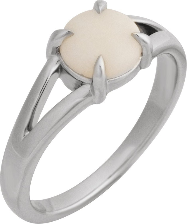 Platinum Round Natural White Opal Cabochon Ring – 8x6mm