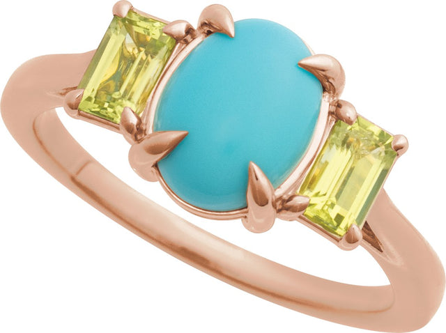 14K Gold Oval Natural Turquoise & Natural Peridot Cabochon Ring - Rose Gold