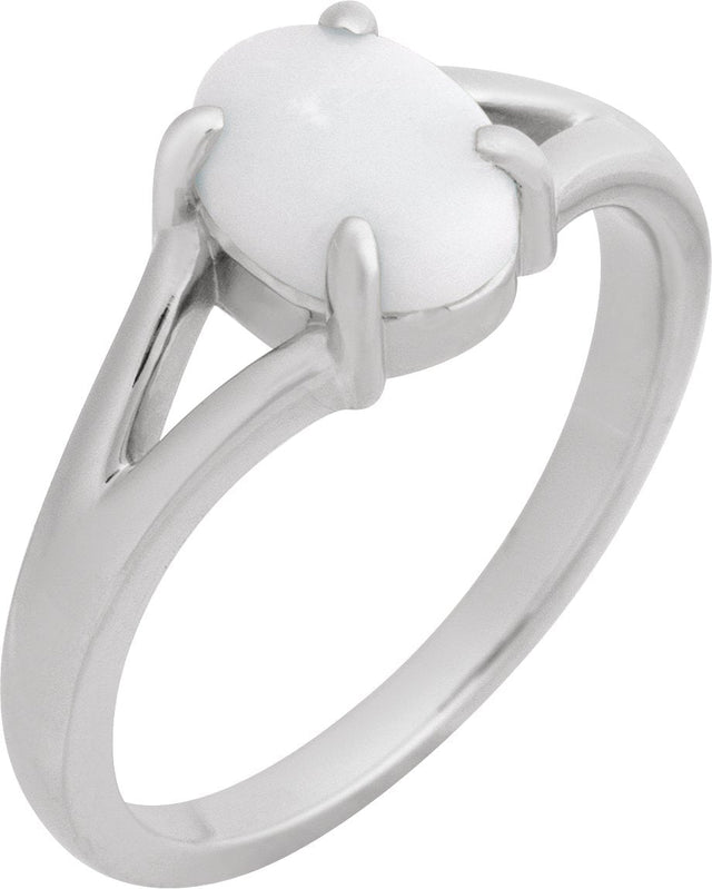 14K Gold Round Natural White Opal Cabochon Ring β 8x6mm - White Gold