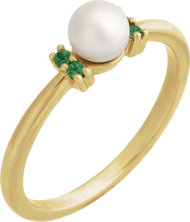 14K Gold Cultured White Freshwater Pearl & Natural Tsavorite Garnet Accented Pearl Ring - Yellow Gold
