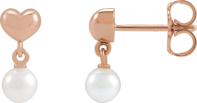 14K Gold Cultured White Freshwater Pearl Pearl Heart Earrings - Rose Gold