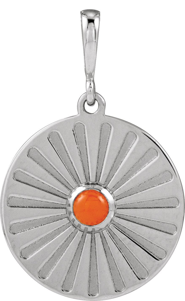14K Gold Round Natural Pink Coral Starburst Cabochon Necklace or Pendant - White Gold