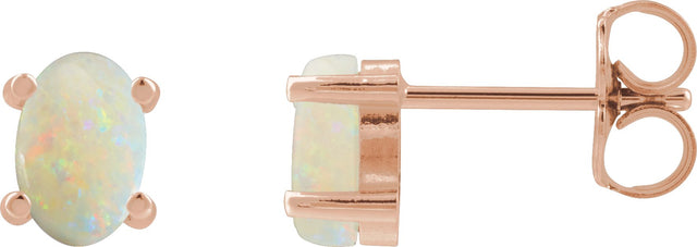 14K Gold Natural White Opal Oval 4-Prong Cabochon Earrings - Rose Gold