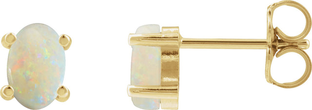 14K Gold Natural White Opal Oval 4-Prong Cabochon Earrings - Yellow Gold