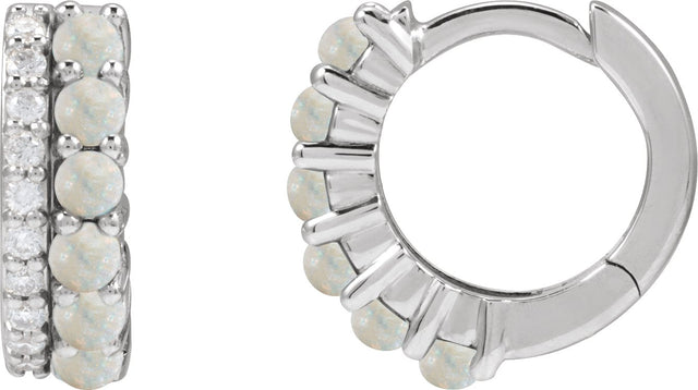14K Gold Round Natural White Opal & Natural Diamond Accented Cabochon Hoop Earrings – 2mm Stones - White Gold