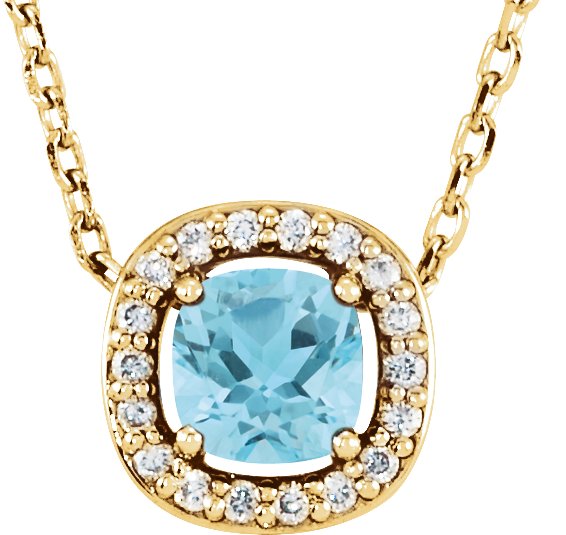 14K Gold Cushion Natural Sky Blue Topaz & Natural Diamond Halo-Style Necklace or Pendant – 04 CTW - Yellow Gold