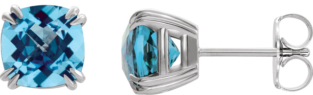 14K Gold Natural Swiss Blue Topaz Cushion Double Claw-Prong Stud Earrings - White Gold