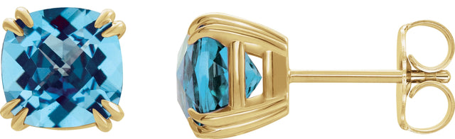 14K Gold Natural Swiss Blue Topaz Cushion Double Claw-Prong Stud Earrings - Yellow Gold
