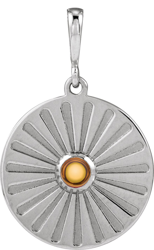 14K Gold Round Natural Citrine Starburst Cabochon Necklace or Pendant - White Gold