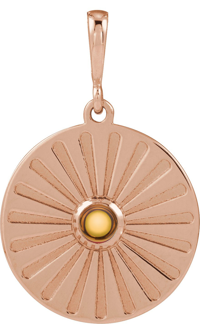 14K Gold Round Natural Citrine Starburst Cabochon Necklace or Pendant - Rose Gold