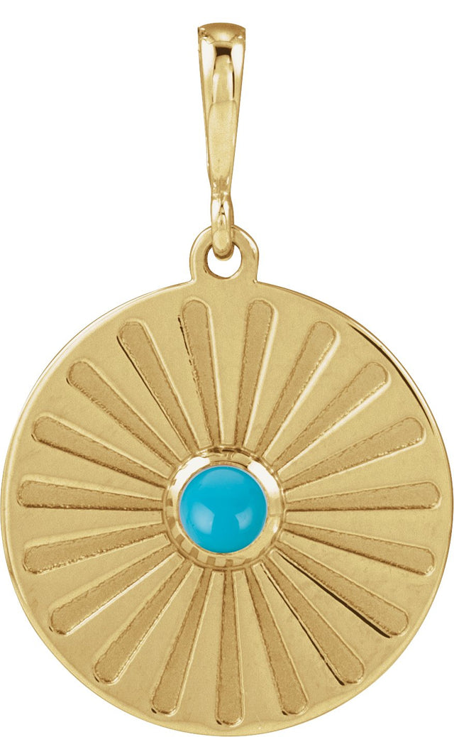 14K Gold Round Natural Turquoise Starburst Cabochon Necklace or Pendant - Yellow Gold