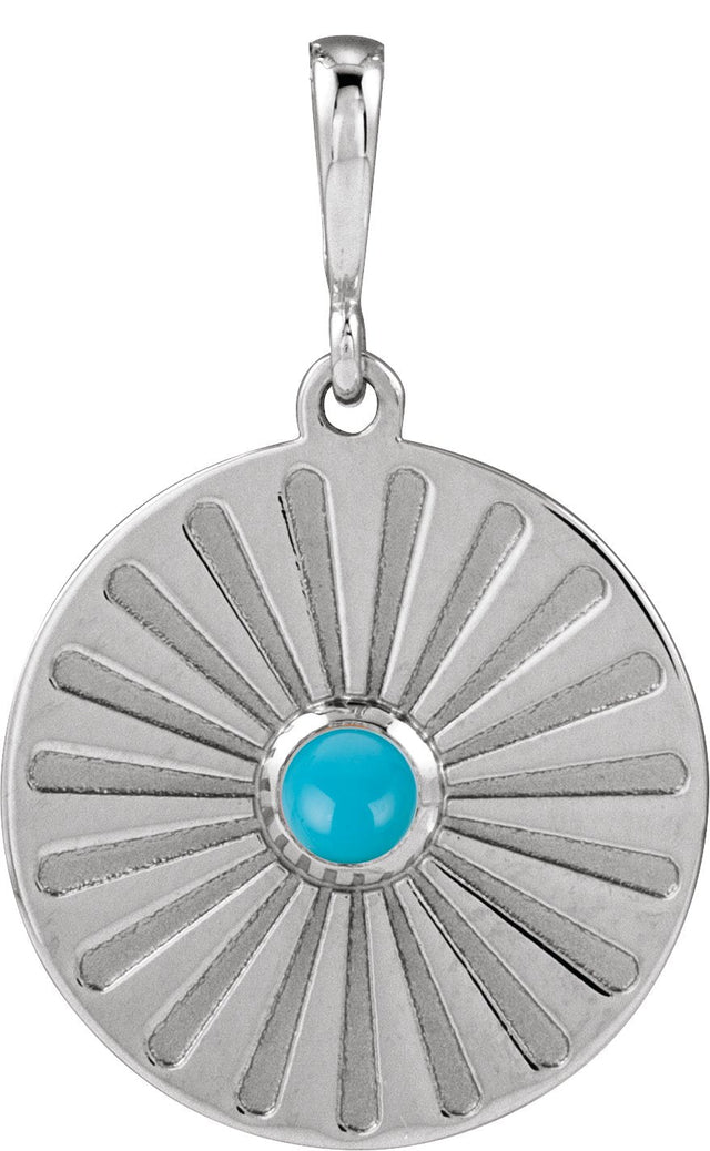 14K Gold Round Natural Turquoise Starburst Cabochon Necklace or Pendant - White Gold