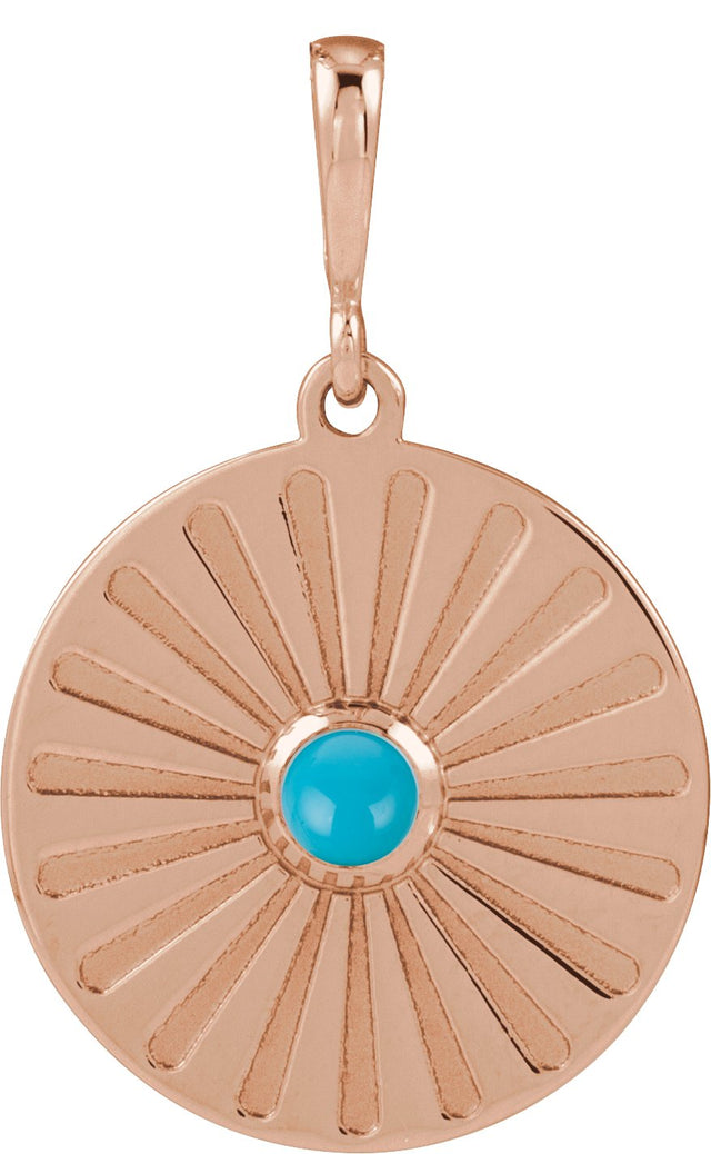 14K Gold Round Natural Turquoise Starburst Cabochon Necklace or Pendant - Rose Gold