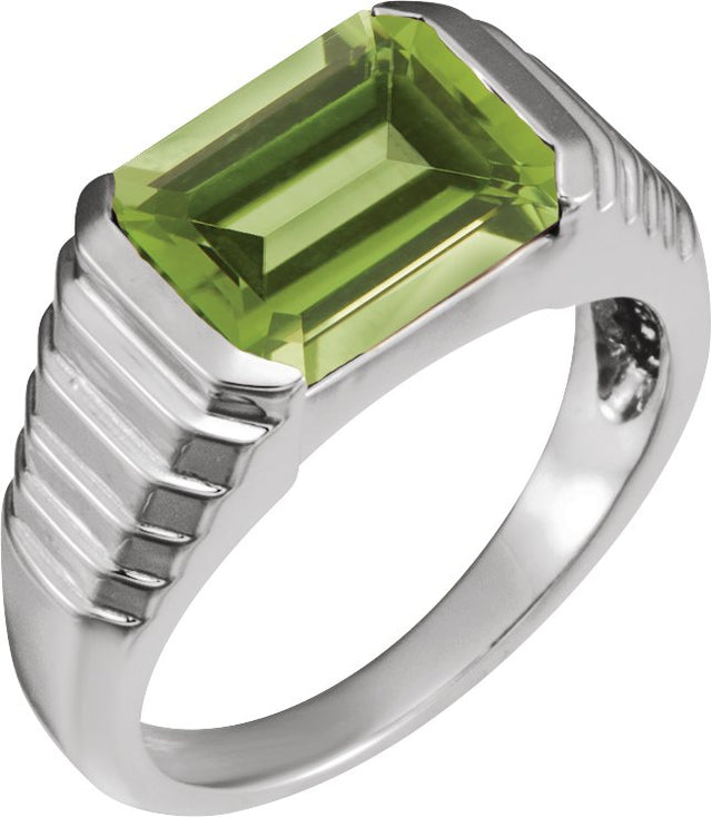 14K Gold Natural Peridot Emerald Bezel-Set Ring - White Gold