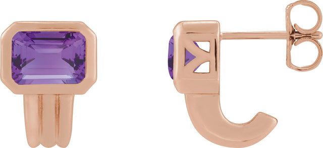 14K Gold Natural Amethyst Emerald Bezel-Set Earrings - Rose Gold