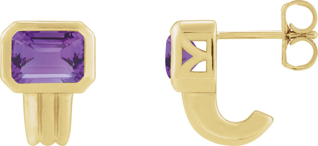 14K Gold Natural Amethyst Emerald Bezel-Set Earrings - Yellow Gold