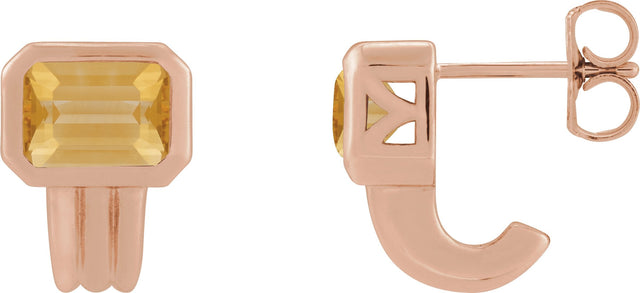 14K Gold Natural Citrine Emerald Bezel-Set Earrings - Rose Gold