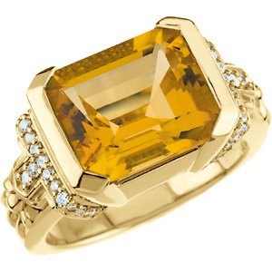 14K Gold Emerald Natural Citrine & Natural Diamond Accented Ring