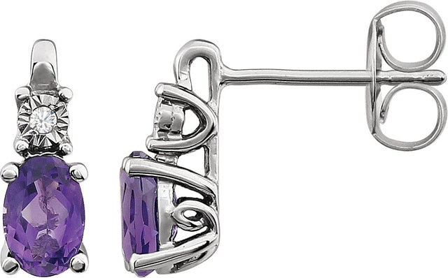 14K Gold Oval Natural Amethyst & Natural Diamond Accented Birthstone Earrings