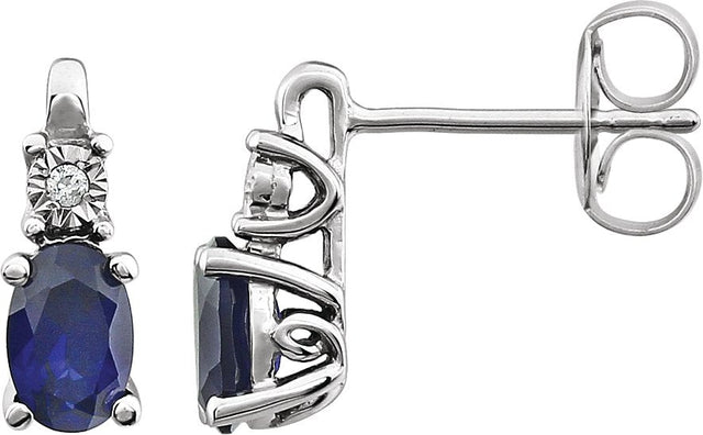14K Gold Oval Lab-Grown Blue Sapphire & Natural Diamond Accented Birthstone Earrings – 6x4mm