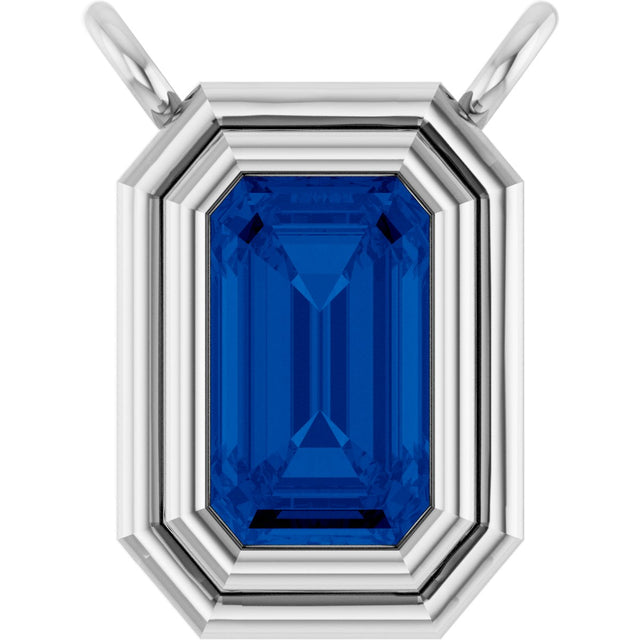 Platinum Emerald Lab-Grown Blue Sapphire Round Bezel-Set Necklace