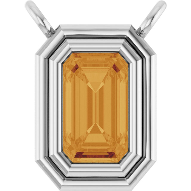 14K Gold Natural Citrine Round Bezel-Set Necklace - White Gold