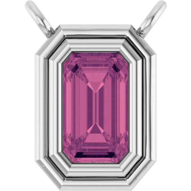 14K Gold Natural Pink Tourmaline Round Bezel-Set Necklace - White Gold