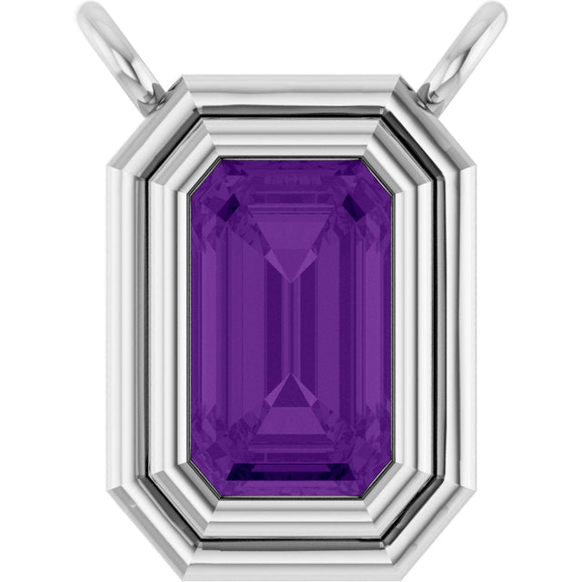 Platinum Emerald Natural Amethyst Round Bezel-Set Necklace