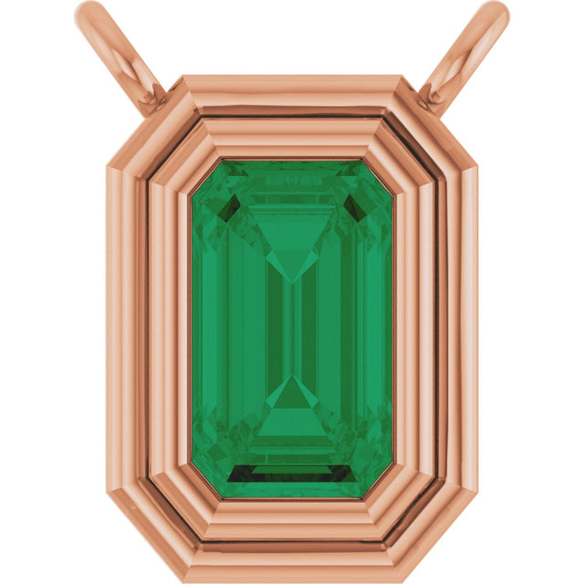 14K Gold Natural Emerald Round Bezel-Set Necklace - Rose Gold
