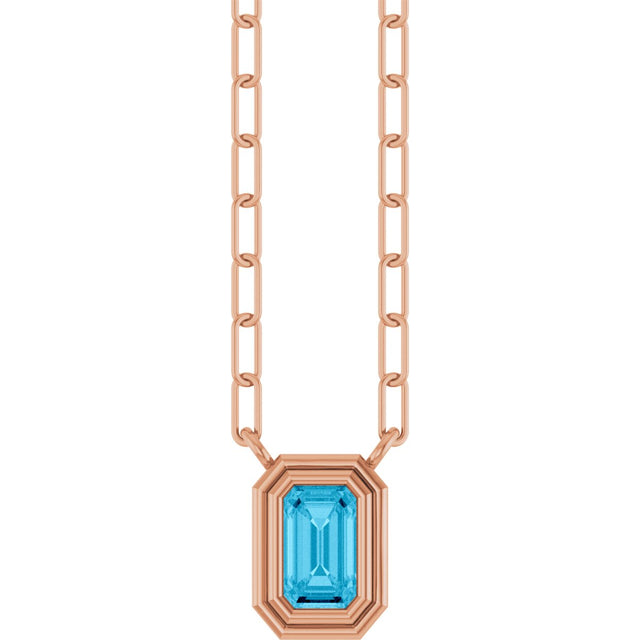14K Gold Natural Aquamarine Round Bezel-Set Necklace - Rose Gold