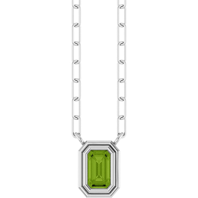 14K Gold Natural Peridot Round Bezel-Set Necklace - White Gold