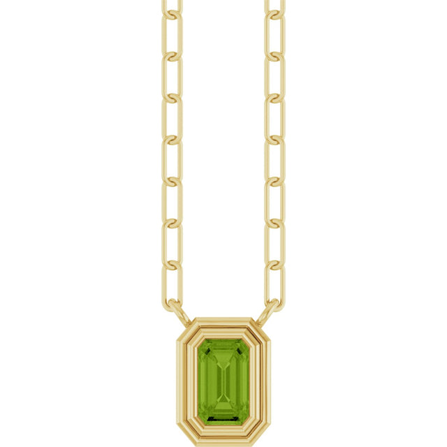 14K Gold Natural Peridot Round Bezel-Set Necklace - Yellow Gold