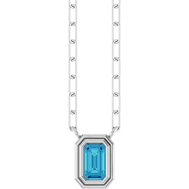 14K Gold Natural Blue Zircon Round Bezel-Set Necklace - White Gold