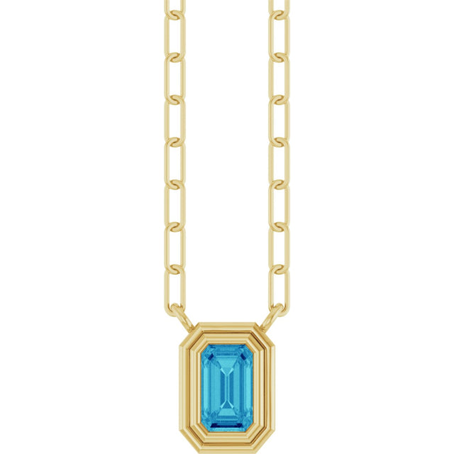 14K Gold Natural Blue Zircon Round Bezel-Set Necklace - Yellow Gold