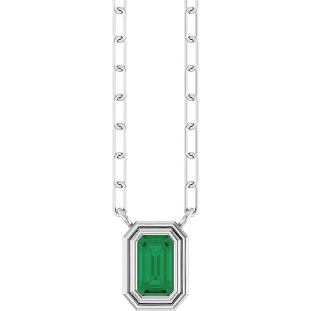 14K Gold Lab-Grown Emerald Round Bezel-Set Necklace - White Gold