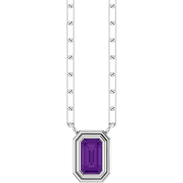 14K Gold Natural Amethyst Round Bezel-Set Necklace - White Gold