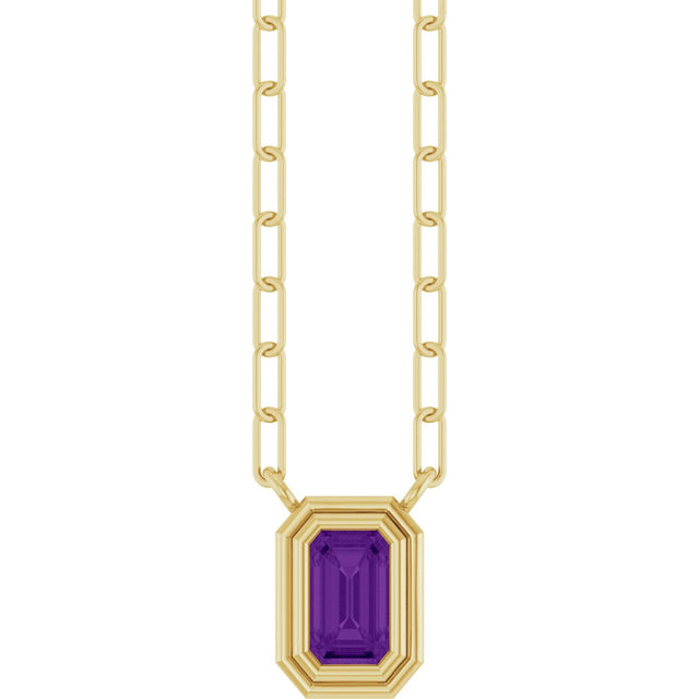 14K Gold Natural Amethyst Round Bezel-Set Necklace - Yellow Gold