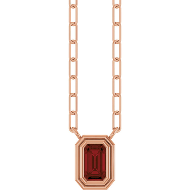 14K Gold Natural Mozambique Garnet Round Bezel-Set Necklace - Rose Gold