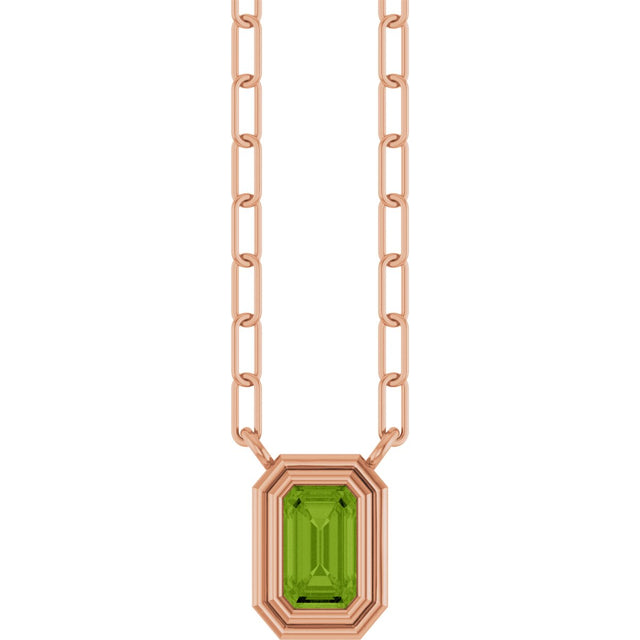 14K Gold Natural Peridot Round Bezel-Set Necklace - Rose Gold