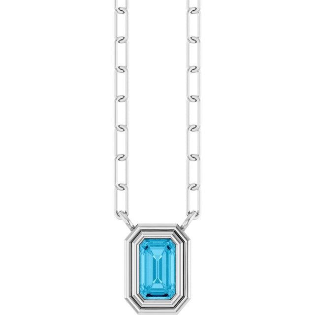 14K Gold Natural Aquamarine Round Bezel-Set Necklace - White Gold