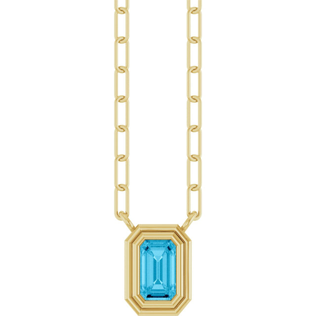 14K Gold Natural Aquamarine Round Bezel-Set Necklace - Yellow Gold