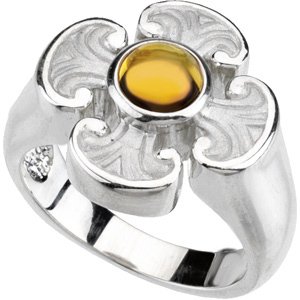 14K Gold Round Natural Citrine Maltese Cross Ring - White Gold