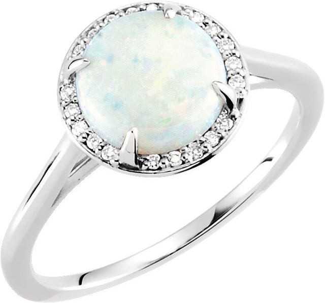 14K Gold Round Natural White Opal & Natural Diamond Halo-Style Ring