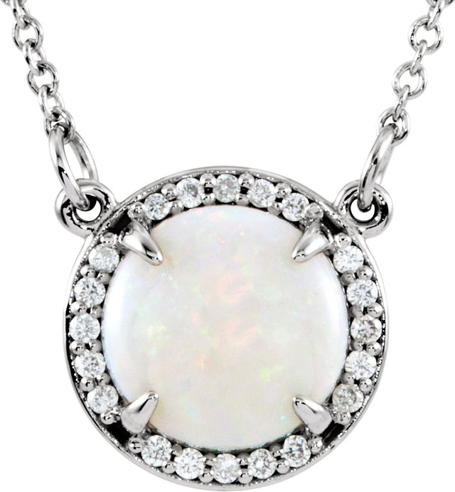 14K Gold Round Natural White Opal & Natural Diamond Halo-Style Necklace – 0.05 CTW - White Gold