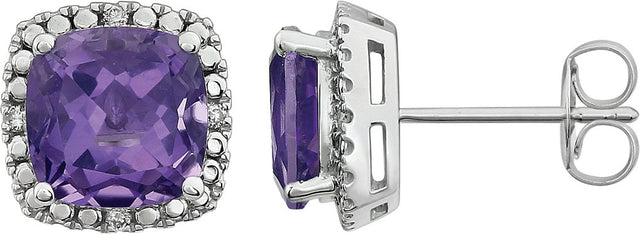 14K Gold Natural Amethyst & Natural Diamond Cushion 4-Prong Halo-Style Earrings